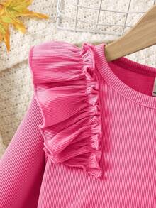 SHEIN Little Girls' Lettuce Hem Embellished Top And Faux Leather Shorts Set - Multicolor - View 4