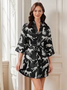 女式豹紋印花束帶長袍 - 黑色 - 查看 4