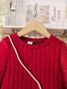 SHEIN Young Girl Fuzzy Sleeve Ribbed Knit Dress With Bag - Burgundy - View 5