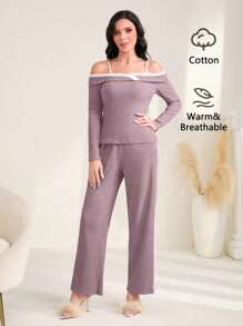 Seusyu Women Two-piece Outfits Rib-Knit Plain Casual - Dusty Pink - View 1