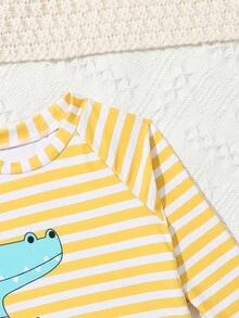 Baby Boys' Cartoon Dinosaur Print Striped Long Sleeve One-piece Swimwear - Yellow - View 5
