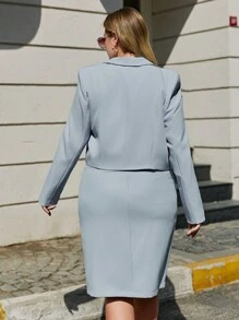 SHEIN Cottnline Plus Double Button Blazer & Split Hem Skirt - Baby Blue - View 3