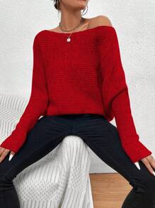 SHEIN Privé 女士蝙蝠袖毛衣 - 紅色 - 查看 4