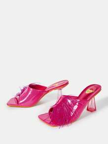 羽毛和毛茸茸裝飾的豹紋拖鞋，熱粉色，適用於派對 - 玫紅色 - 查看 3