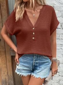 SHEIN LUNE 純色深v領短袖t卹 - 鏽棕色 - 查看 4