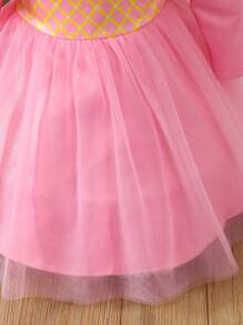 Baby Girls' Elegant Wedding Dress With Tulle Flounced Hem, Satin And Golden Print Design, With A Headband - Hot Pink - View 3