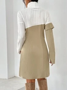 SHEIN Privé Vestido De Botones De Doble Hilera Y Bloques De Colores Para Mujer - Caqui - Ver 2