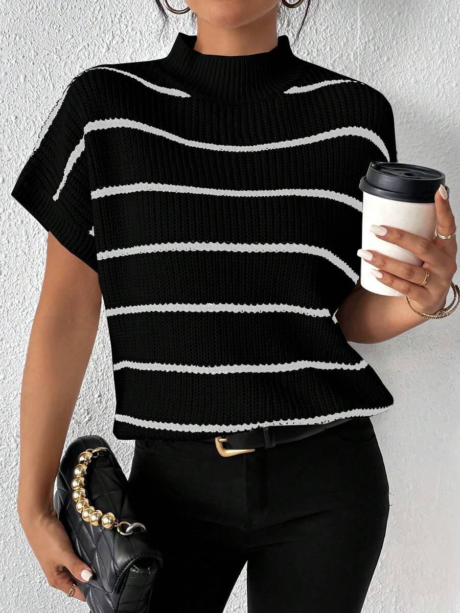 SHEIN Frenchy Women's Striped Knitted Sweater Top - Black - View 1
