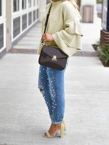 Jeans Pitillo Rasgados Con Cuentas De Perlas - Azul lavado medio - Ver 2