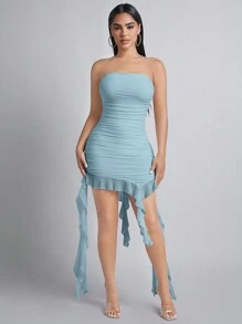SHEIN PETITE Xù Viền không đối xứng Đầm bó sát ống - Màu xanh nhạt - Xem 3