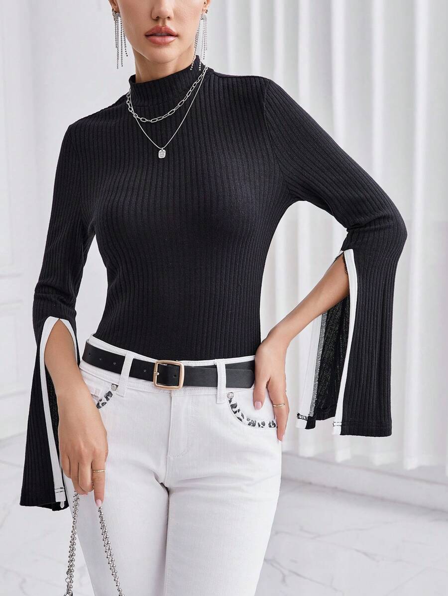 SHEIN Privé 對比邊飾立領分裂鈴形袖t卹 - 黑與白 - 查看 1