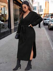 Easura 加大开叉大腿系带连衣裙 女式长款秋季服装 - 黑色 - 查看 4