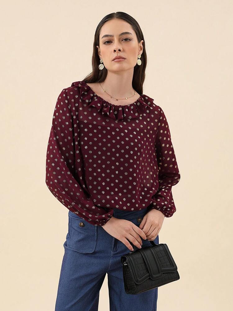 Polka Dot Print Ruffle Trim Blouse