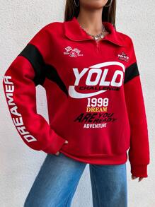 SHEIN Unity Letter Graphic Half Zip Drop Shoulder Sweatshirt - Red - View 6