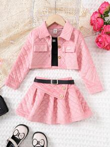 SHEIN Young Girl Fashionable Three Piece Set With Diamond Textured Pattern - Pink - View 3