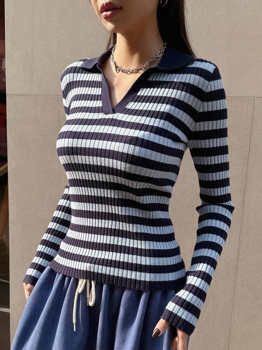 DAZY Slim-fit Sweater With Striped Pattern And Ribbed Textured Design - Blue - View 1