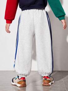 SHEIN Pantalones Knitted Cómodos Y Casuales Para Niños Pequeños Con Franjas Laterales Y Cinta Tejida Con Etiqueta De Marca En Inglés