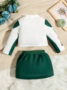 SHEIN Baby Girls' Letter Printed Jacket And Skirt Matching Set - Green - View 2