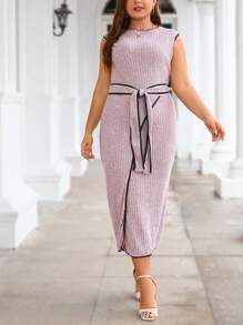 SHEIN Privé 大碼撞色滾邊繫腰帶洋裝 - 淡紫色 - 查看 4