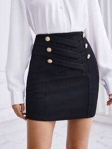 SHEIN Privé Của phụ nữ Vượt qua Nút Trang trí Váy - màu đen - Xem 3