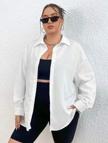 Flirla Kích thước lớn Chất rắn Thả vai Áo sơ mi - trắng - Xem 4