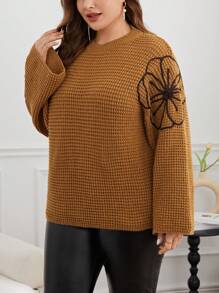SHEIN Privé Plus Size Flower Pattern Drop Shoulder Pullover Sweater - Khaki - View 6