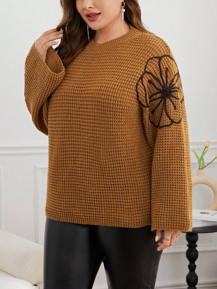 Plus Size Flower Pattern Drop Shoulder Pullover Sweater