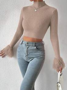 Zolique Solid Color Half High Neck Cropped Knit Pullover Fall Winter Sweater - Camel - View 5