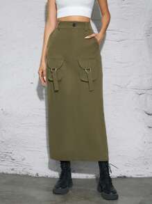 SHEIN Essnce 女士純色拼接口袋後分裂中長款裙子 - 軍綠色 - 查看 4
