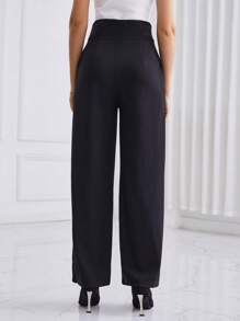 SHEIN Privé 不對稱腰帶前紐扣直筒長褲 - 黑色 - 查看 2