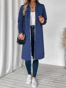 SHEIN LUNE Dây kéo Dây rút Hoodie - Màu xanh lam - Xem 3