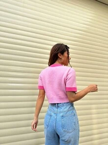 SHEIN Qutie Heart Pattern Crop Knit Top - Pink - View 2