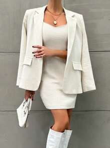 EURMUSE Turn-down Collar Suit Jacket And Dress Two Piece Set - White - View 1