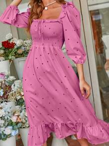 SHEIN Frenchy Heart Print Square Neck Ruffle Hem Dress - Mauve Purple - View 4