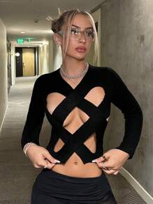 SHEIN ICON Cut Out Crisscross Front Crop Sweater - Black - View 1