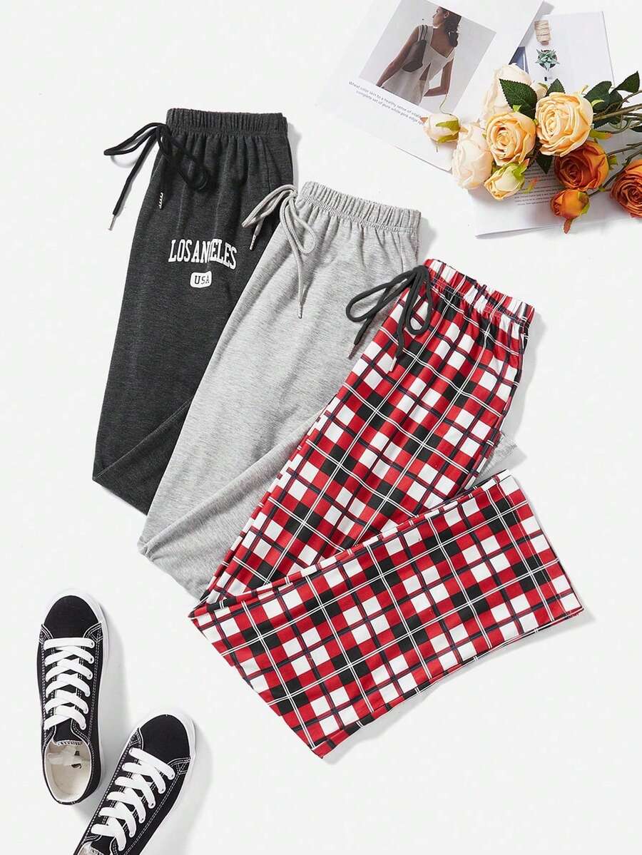 女士3入組信件&格紋印花家居服下著套裝 - 彩色 - 查看 1