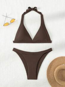 SHEIN Swim Summer Beach Brown Rib-Knit Sexy Bikini Set Bathing Suit - Coffee Brown - View 3