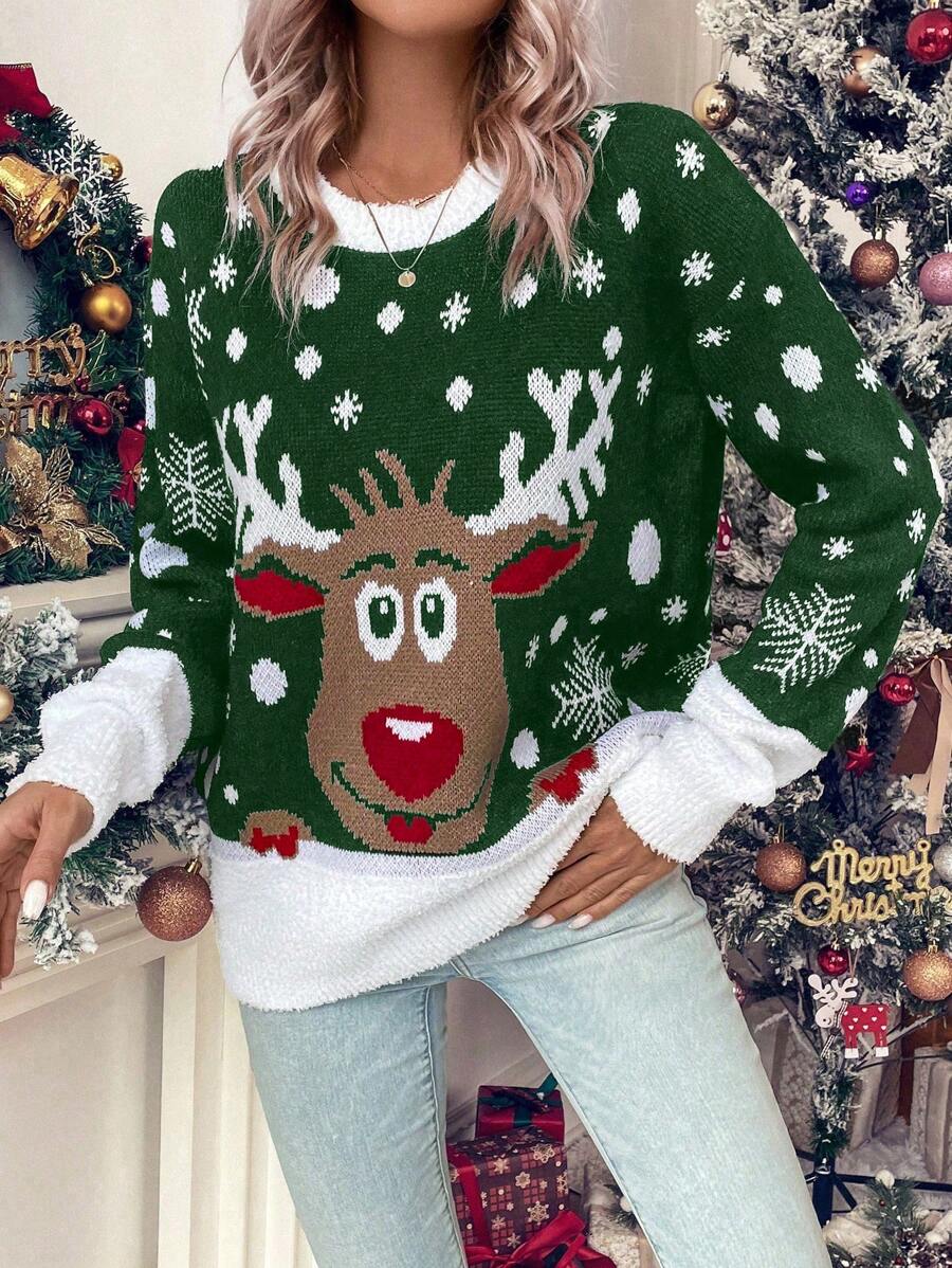 SHEIN LUNE Women's Sweater With Reindeer & Snowflake Patterns - Dark Green - View 1