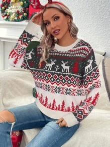 SHEIN LUNE Suéter Con Cuello Redondo Y Patrón Navideño - Multicolor - Ver 5