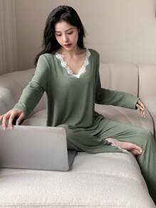 Women's Pajama Set, Back To School Clothes, Fall Winter Clothes - Green - View 3