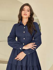 Mulvari Tay áo lồng đèn Xù Hoa Sen Váy sơ mi - Màu xanh hải quân - Xem 4