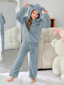 SHEIN Cô gái Tween Thêu Chữ Thiết kế tai 3D áo có mũ Flannel Bộ hoodie & Quần PJ - Màu xanh bụi bặm - Xem 6