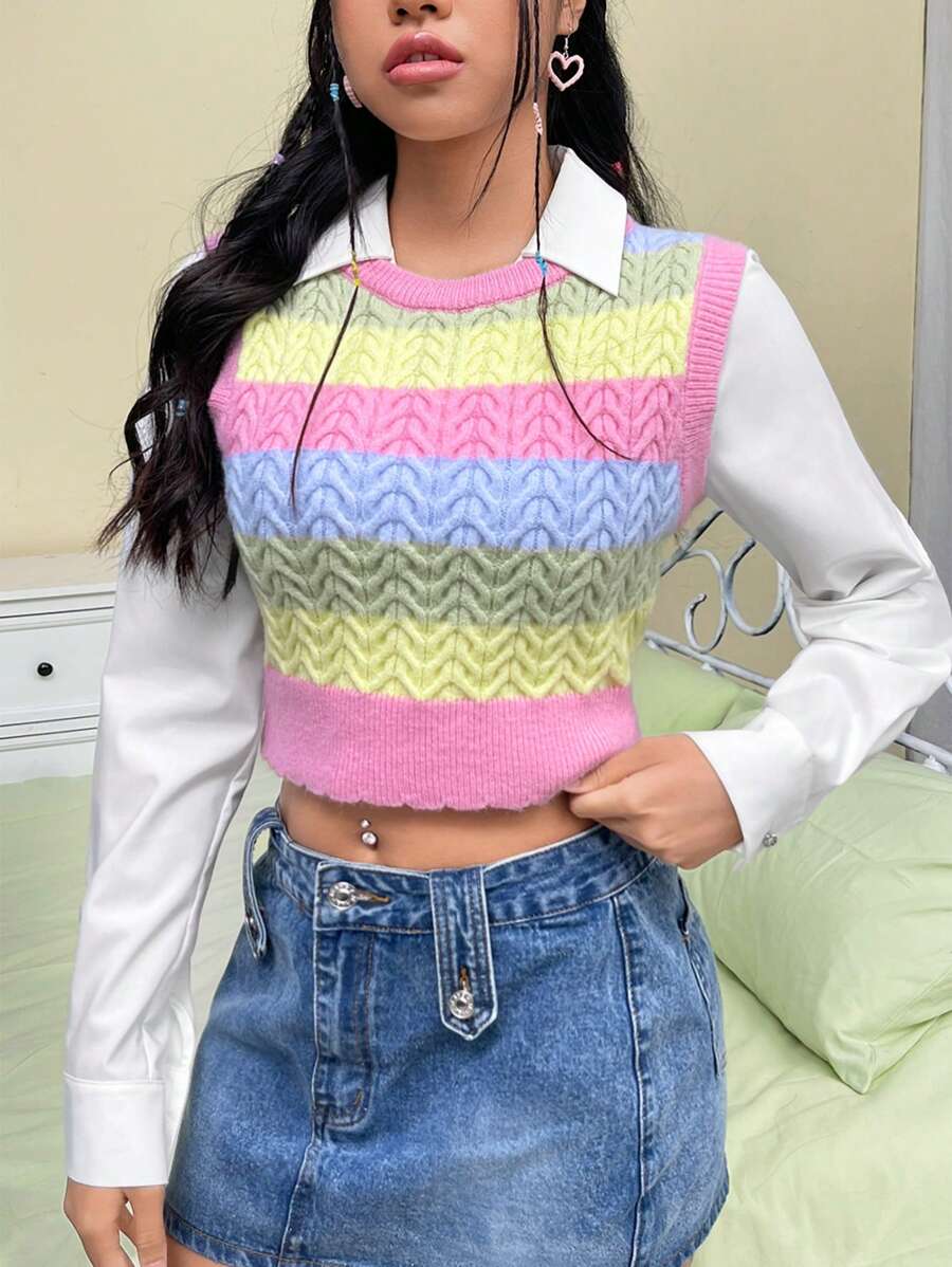 SHEIN EZwear Vòng cổ Sọc Không tay Dệt kim Áo - Nhiều màu - Xem 1