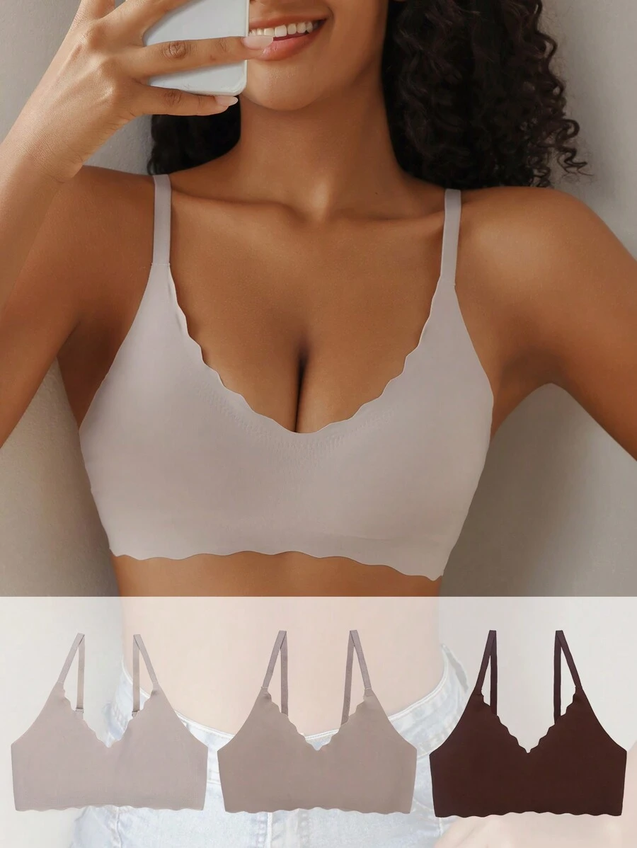 SHEIN Women's 3pcs Seamless Bra Set With Scalloped Edge - Multicolor - View 1