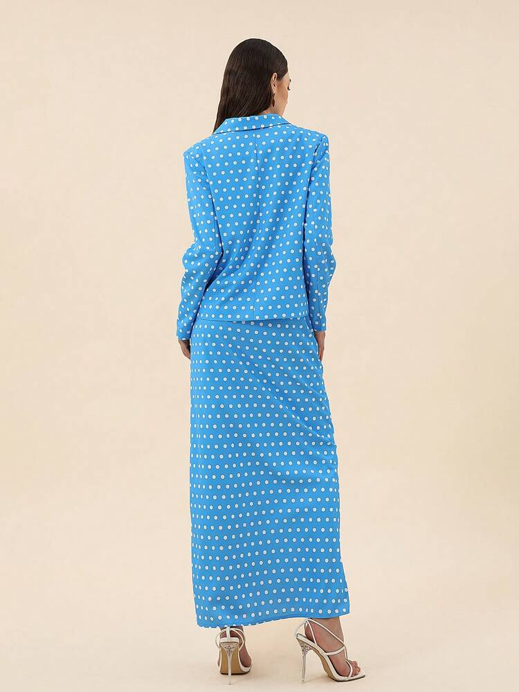 Polka Dot Print Lapel Neck Blazer & Skirt Without Belt