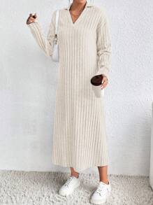 SHEIN LUNE Solid Color Knitted Ribbed Bodycon Dress - Apricot - View 3