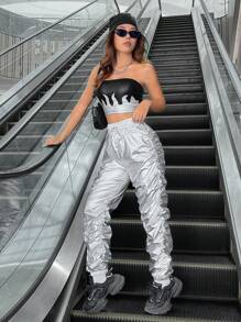 SHEIN Coolane Silver Pleated Drawstring Cuffed Pants - Silver - View 5