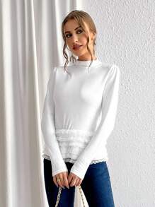 SHEIN Privé Women's Mesh Fabric & Frill Hem Detail Patchwork T-shirt - White - View 3