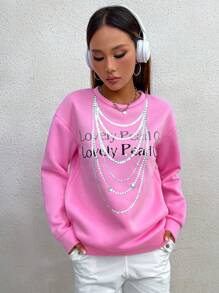 SHEIN Unity 毛衣上印有珍珠項鍊圖案 - 粉色 - 查看 1