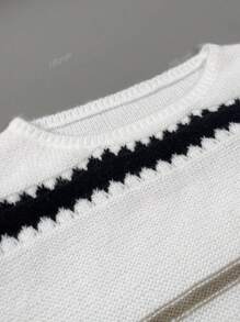 Women's Casual Striped Pattern Drop-Shoulder Loose Pullover Long-Sleeve Sweater Tops White